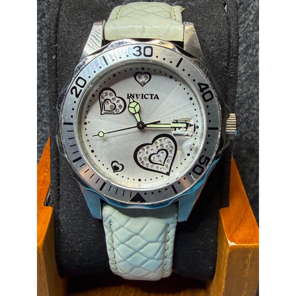 Invicta Angel 12401 Womens Watch 38mm Heart Crystal Silver Dial White Leather